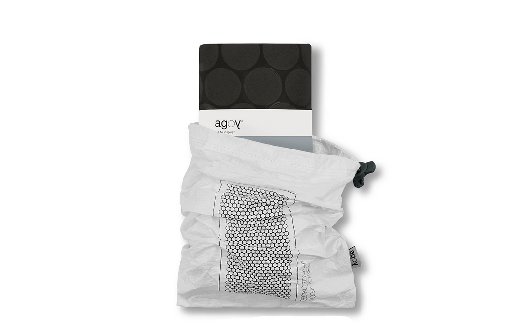 The GECKO TOUCH – Nightfall yoga towel features a simple yet elegant symmetrical circular pattern made of tactile silicone, offering a unique wet/dry grip. It comes with a sleek black graphite base with contrasting colored stitching and is made using an eco-friendly, dye-free process.