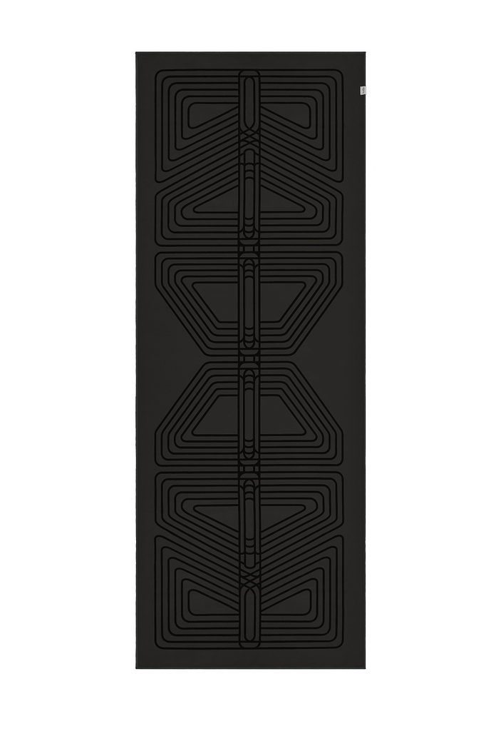 The GECKO WARRIOR – Nightfall yoga towel features a unique wet/dry grip Focus Alinement™ pattern made of tactile silicone, inspired by but not directly taken from ancient warrior cultures. It comes with a sleek black graphite base with contrasting colored stitching and is made using an eco-friendly, dye-free process.